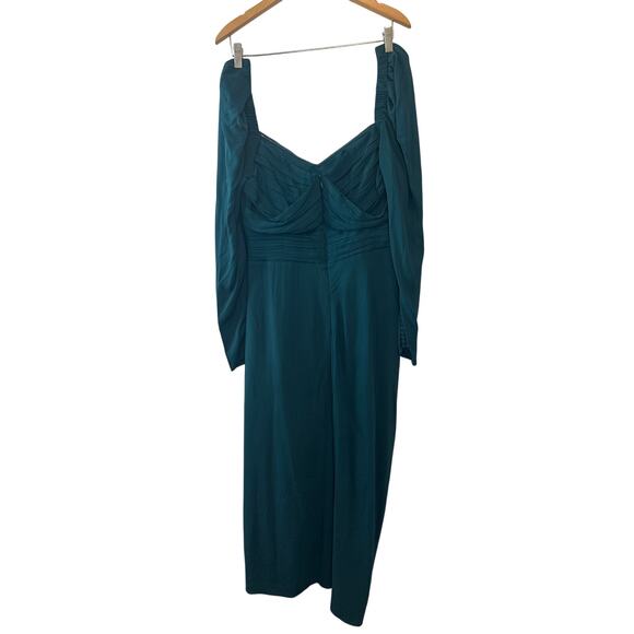 Self-Portrait Deep Teal Iris Long Sleeve Draped Midi Dress Size 10 - Picture 3 of 11